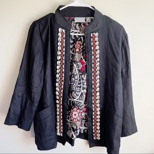 Anthropologie Susan Graver Linen Blend Embellished Open Front Jacket BOHO UNIQUE